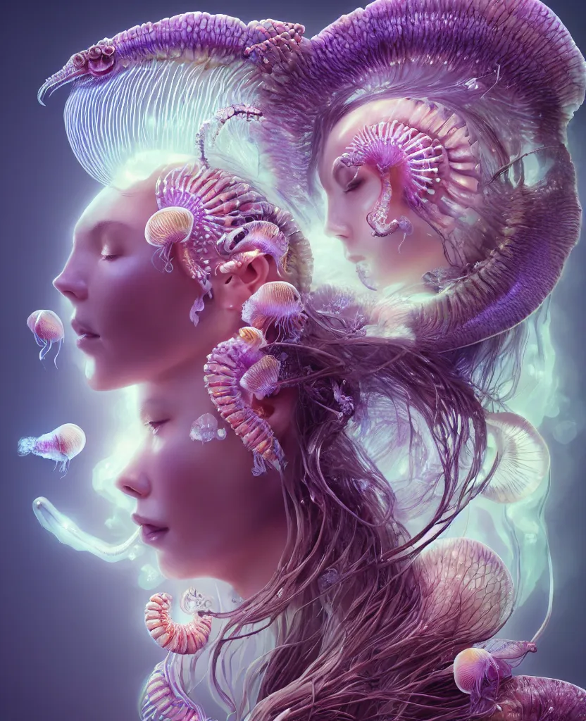 Image similar to goddess princess beautiful woman face close-up portrait ram skull. jellyfish phoenix head, nautilus, orchid, skull, betta fish, bioluminiscent creatures, intricate artwork by Tooth Wu and wlop and beeple. octane render, trending on artstation, greg rutkowski very coherent symmetrical artwork. cinematic, hyper realism, high detail, octane render, 8k