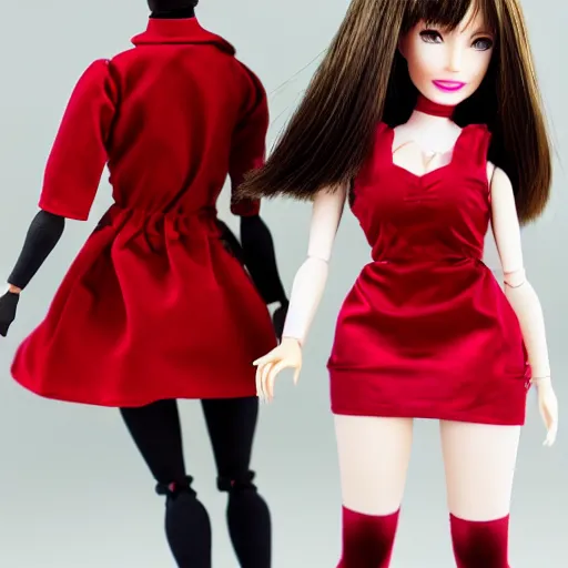 Image similar to anime barbie doll, in red velvet stockings, a nurse's dress, full length, heels on her feet