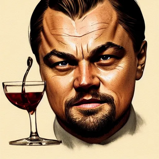 Image similar to leonardo dicaprio from django laughing with a small sherry drink in hand to lips, highly detailed, intricate, digital painting, artstation, sharp focus, illustration, art by jakub rozalski, greg rutkowski, artgerm, tan zi and ayanamikodon and alphonse mucha and wlop