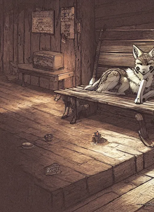 Image similar to cute coyote sleeping on a bench in a cozy tavern, hidari, color page, tankoban, 4K, tone mapping, Akihiko Yoshida.