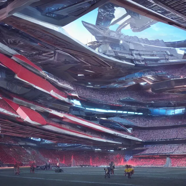 Image similar to a futuristic stadium with a giant artstation mecha, the stadium has a full crowd, unreal engine, hyper realism, realistic shading, cinematic composition, realistic render, octane render, wide shot