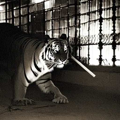 Prompt: retro photograph of a tiger smoking a cigarette in Dhaka at night, foggy