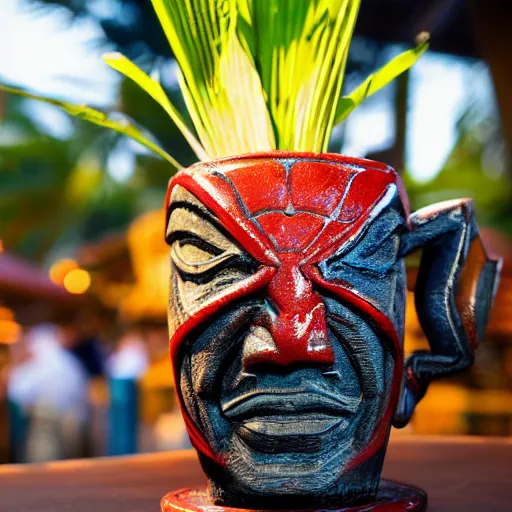 Image similar to a closeup photorealistic capture of glossy spider man style tiki mug at an outdoor trader vic's bar featuring the face of spider man. tiki theme. bright scene. fine detail. this 4 k hd image is trending on artstation, featured on behance, well - rendered, extra crisp, features intricate detail, epic composition and the style of unreal engine.