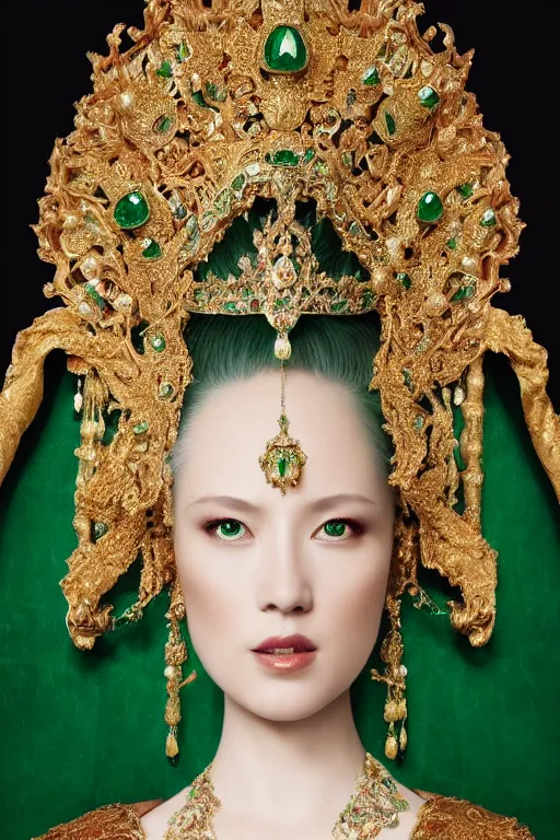 Image similar to a beautiful empress portrait, with a brilliant, impossible striking shiny big emerald headpiece, white and emerald robes, dramatic studio lighting, rococo, baroque, jewels, asian, hyperrealistic, closeup, D&D, fantasy, intricate, elegant, highly detailed, digital painting, artstation, octane render, 8k, concept art, matte, sharp focus, illustration, art by Artgerm and Greg Rutkowski and Alphonse Mucha