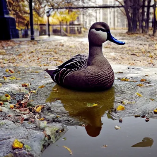 Image similar to programmer's duck sitting before computer after long night of debugging code, sad, drinking, kodak photo