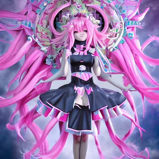 Image similar to engulfed and overpowered by stunningly absurdly beautiful megalomaniacal omnipotent asi goddess junko enoshima with symmetrical perfect face and porcelain skin, pink twintail hair and cyan eyes, ultra detailed, digital art, unreal engine 5, octane render, 2 d anime, 8 k