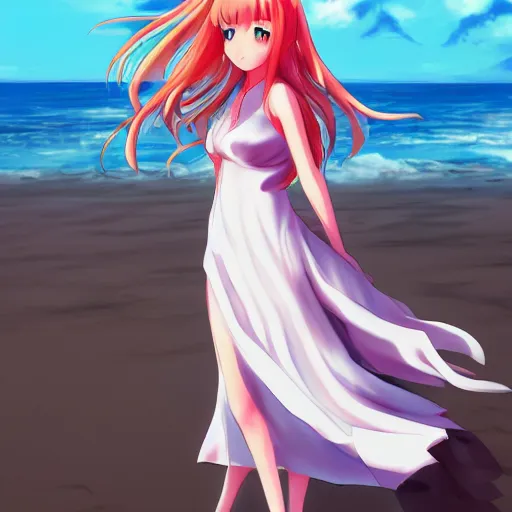 Prompt: beautiful anime girl in a long white dress on a beach. Red hair, dramatic lighting, trending on artstation. Pixiv, Yuru camp, manga cover