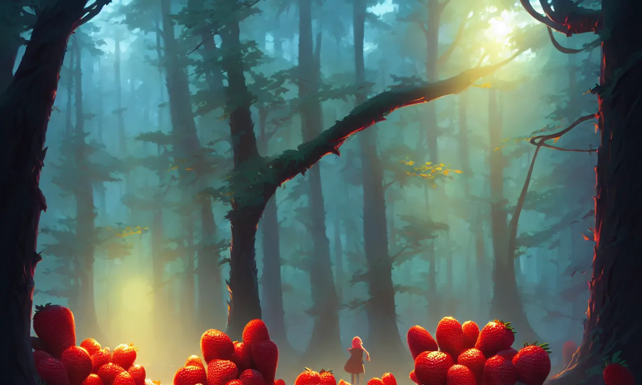 Prompt: Dark forest strawberries, behance hd by Jesper Ejsing, by RHADS, Makoto Shinkai and Lois van baarle, ilya kuvshinov, rossdraws global illumination