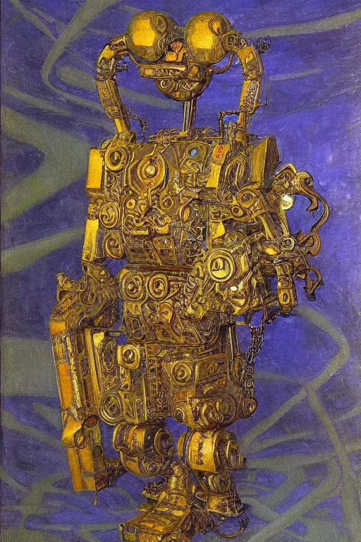 Image similar to sculpture of an ornate robot cat, by annie swynnerton and diego rivera and nicholas roerich and jean delville, symbolist, dramatic lighting, god rays, elaborate geometric ornament, art brut, colors are soft greens and blues and purple, smooth, sharp focus, extremely detailed, adolf wolfli and ( donato giancola )