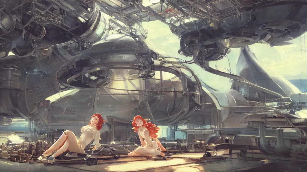 Prompt: a film still of a 1 9 5 0's mechanic anime girl sitting on top of ufo landing in hangar of giant ufo spaceship, sharp focus, finely detailed features, full body mid shot, perfect art, trending on pixiv fanbox, painted by gaston bussiere, makoto shinkai, akihiko yoshida, gaston bussiere, craig mullins