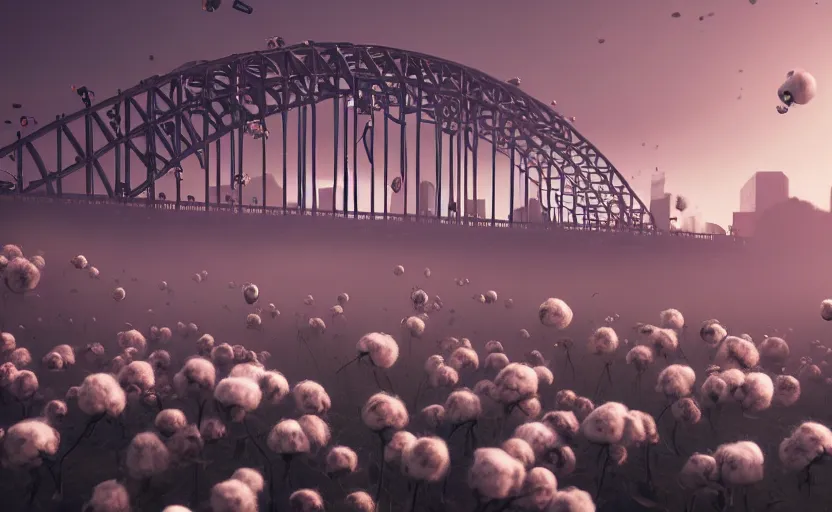 Image similar to explosions in the form of realistic cotton plants cover harbour bridge, huge cotton plants everywhere, smooth, sharp focus, highly detailed, 3 d octane render, epic lighting, dark atmosphere, lots of cotton plants, 8 k, by goro fujita