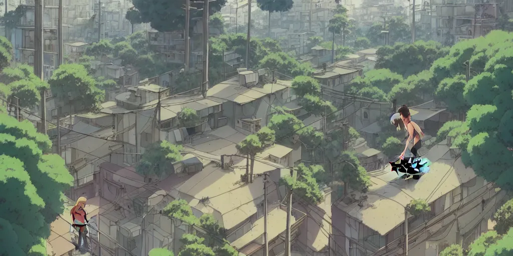 Prompt: a beautiful movie still in the style of Studio Ghibli anime showing a skateboarder skating through a destroyed post-apocalyptic Los Angeles overrun with vegetation. Studio Ghibli, aerial photography, wide angle lens, trending on artstation, trending on behance