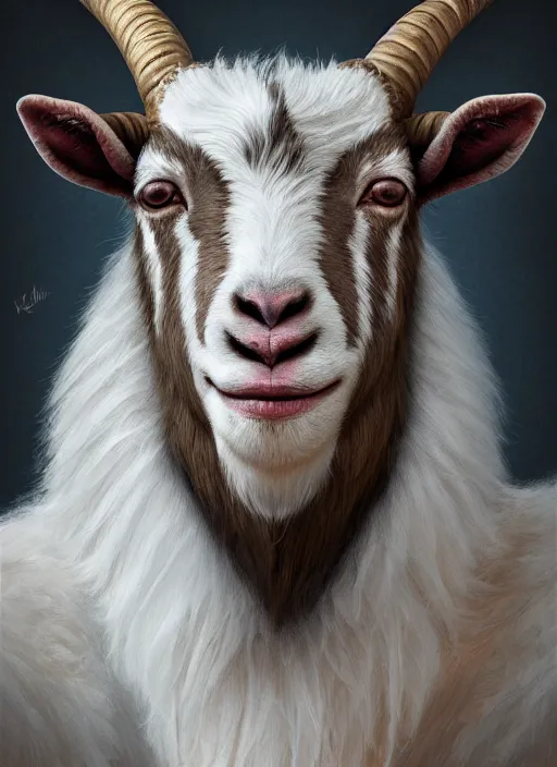 Prompt: anthropomorphic portrait of half goat will smith, au naturel, hyper detailed, digital art, trending in artstation, cinematic lighting, studio quality, smooth render, unreal engine 5 rendered, octane rendered, art style by klimt and nixeu and ian sprigger and wlop and krenz cushart