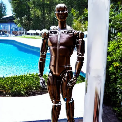 Image similar to a realistic detailed photo of a guy who is an attractive humanoid who is half robot and half humanoid, who is a male android, wrestler aj batista, shiny skin, posing like a statue, blank stare, by the pool, on display, showing off his muscles, humanoid robot, frozen ice statue