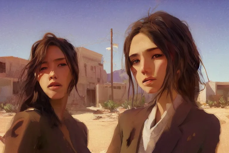 Image similar to digital art of a beautiful girl wearing a shirt standing in front of a ruined apartment complex, desert composition, sunlit, expressive oil painting, by artgerm, by jeremy lipking, anime style, octane render, bright colors, face!!!! close - up