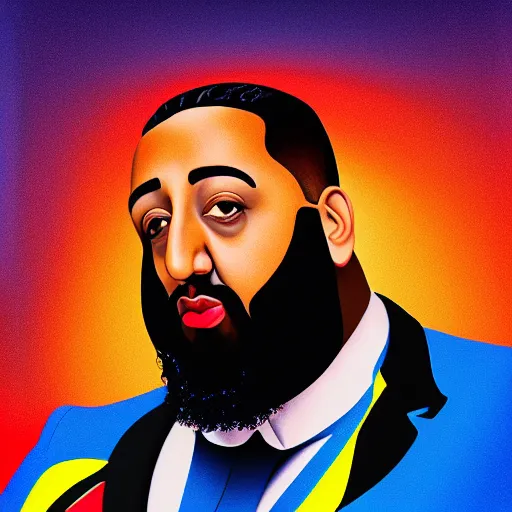 Image similar to ultra realistic portrait of dj khaled in a studio, ultra detailed, under blue, red and yellow cinematic lighting, salvador dali, cartoon, monument valley, escher