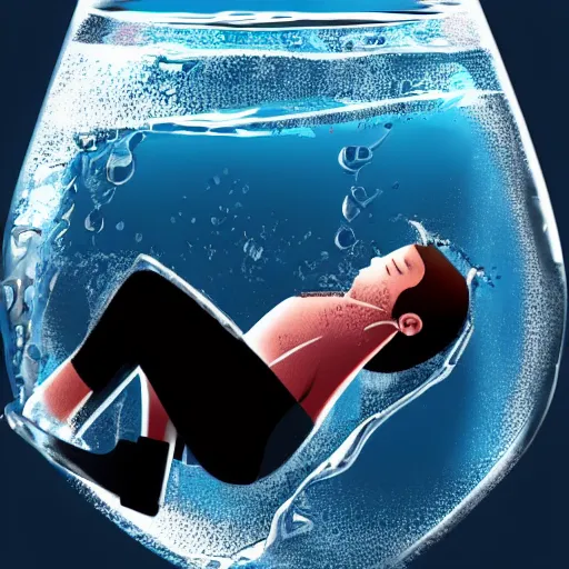 Prompt: A man drowning in a glass of water, digital art, trending on artstation