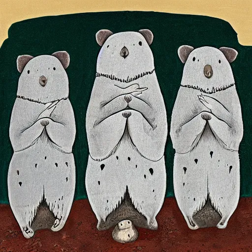 Image similar to An impressive mole with paws carved from stone and a healthy coat of fur is looking down upon three smaller moles huddled together in an open doorway. The large mole wears robes made of blue silk, and has a staff of white wood in his paws. The three small moles are clad in simple browns and grays. One of them holds out her paw to the large mole.