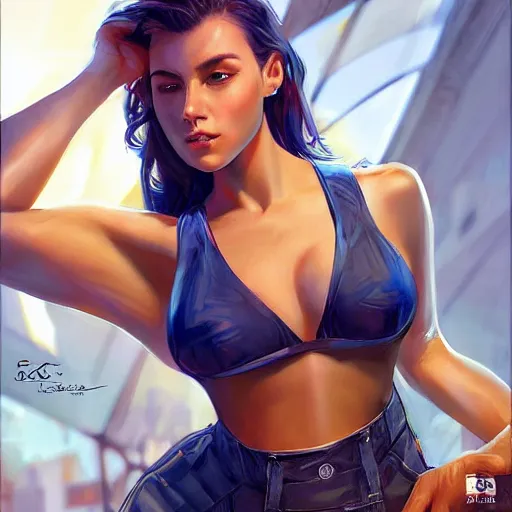 Image similar to a gourgeous digital influencer in the style of stefan kostic, realistic, full body, sharp focus, 8 k high definition, insanely detailed, intricate, elegant, art by stanley lau and artgerm