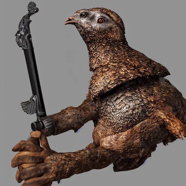 Image similar to a 3 d model of a grouse holding a blunderbuss, studio lighting, octane render, hyper detailed, product photography, 8 k, highly detailed