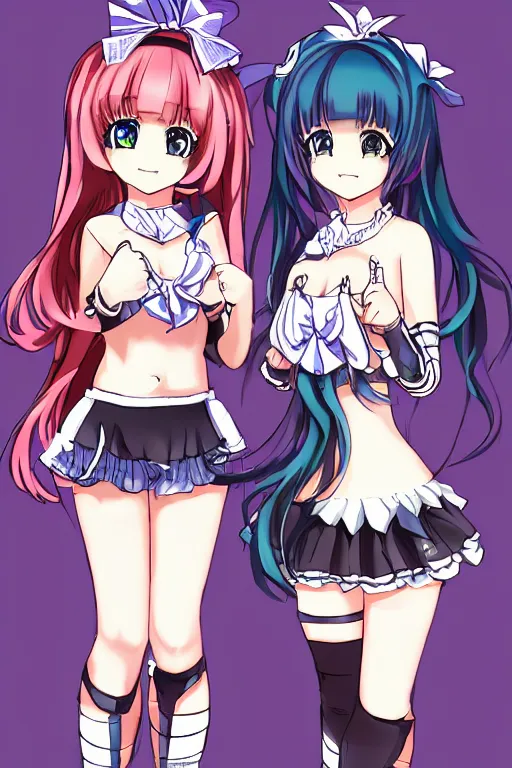 Prompt: two beautiful female idols with twintails standing chest to chest on stage, detailed anime art