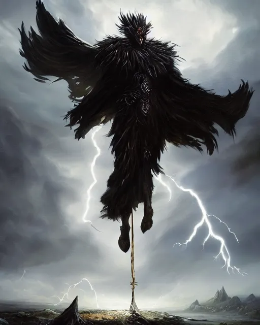 Image similar to oil painting of Anthropomorphized Elemental Raven casting spell, magical runes flying, wearing fur cloak, sharp focus, lightning storm background, magical aura, heroic pose, fantasy style, octane render, volumetric lighting, 8k high definition, by greg rutkowski, highly detailed, trending on art Station, magic the gathering artwork, Thunderstorm background, centered, dramatic artwork