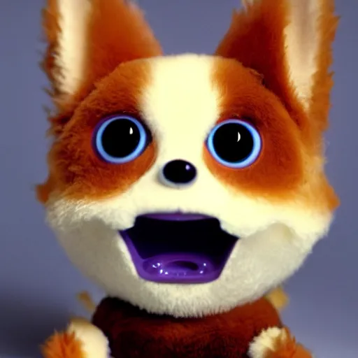 Image similar to a corgi furby toy, photographed by david lynch