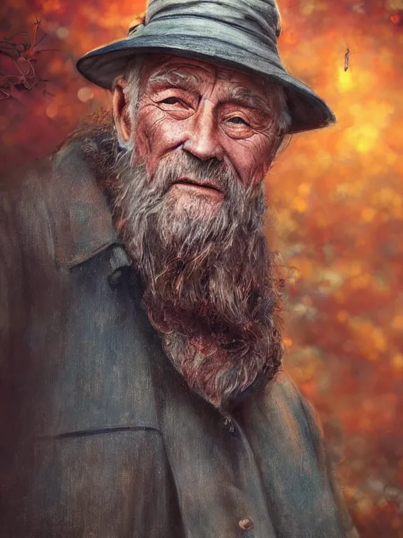 Image similar to realistic renderings portrait of very old fisher man portrait with a hat, port scene background, astonishing scenes, detailed, photorealism, volumetric lighting, autumn lights colors, ultra detailed