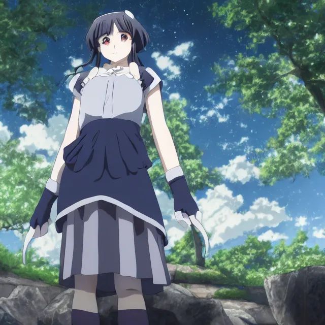 Image similar to high quality anime-style image of Hestia from Is It Wrong to Try to Pick Up Girls in a Dungeon wearing a plaid schoolgirl skirt and pigtails hair, standing outside a forbidden stone temple, 4k, digital art, wallpaper