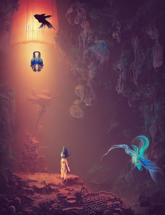 Image similar to 3 d liminal space abandoned temple forest. beautiful intricately detailed japanese crow kitsune mask and clasical japanese kimono. betta fish, jellyfish phoenix, bio luminescent, plasma, ice, water, wind, creature, artwork by tooth wu and wlop and beeple and greg rutkowski