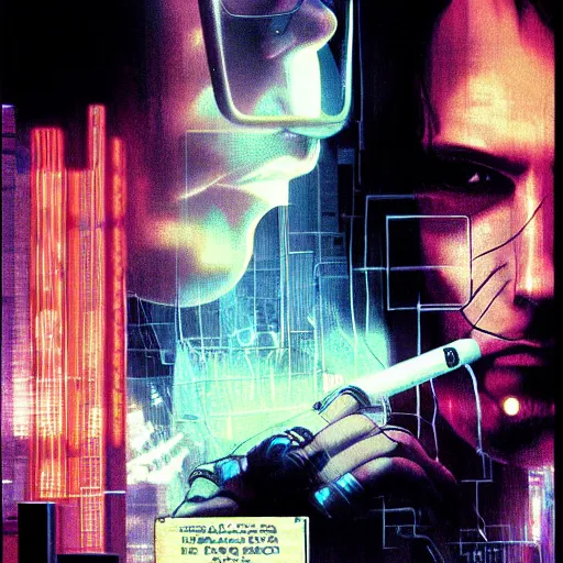 Image similar to Case from the novel Neuromancer, addicted, smoking a cigarette, portrait shot, wires, cyberpunk, movie illustration, poster art by Drew Struzan