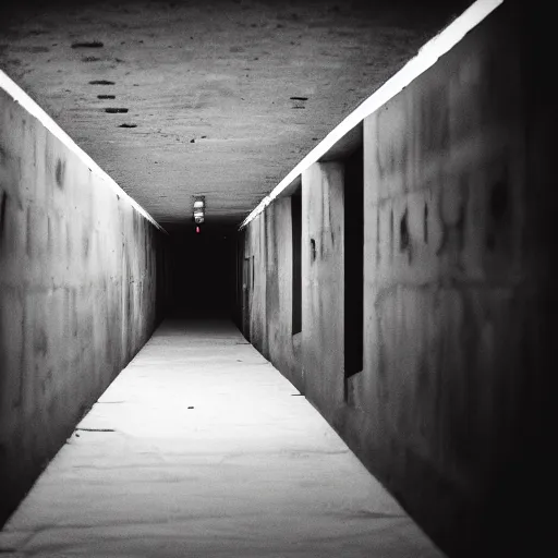 Image similar to photograph of a creepy narrow hallway made out of concrete, liminal with dark lighting, film grain