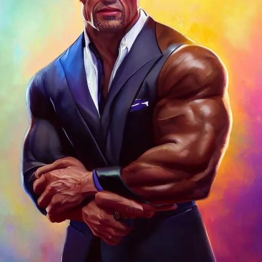 Image similar to an oil painting of dwayne johnson wearing wearing a fancy elegant suit, by artgerm, hd, hdr, ue 5, ue 6, unreal engine 5, realistic anime 3 d style, cinematic 4 k wallpaper, 8 k, ultra detailed, gta cover art, high resolution, artstation, award winning