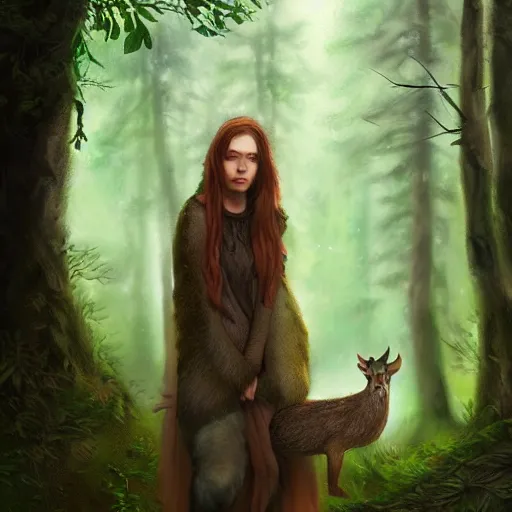 Prompt: a female woodland druid surrounded by forest animals, in the woods, hyper realistic, digital painting, photorealistic, in the style of greg rutkowski, detailed