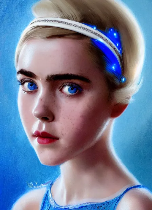 Image similar to portrait of kiernan shipka with freckles, white hair, big 1 9 6 0 s bob hairstyle with bangs and hairband, blue 1 9 6 0 s dress, intricate, elegant, glowing lights, highly detailed, digital painting, artstation, concept art, smooth, sharp focus, illustration, art by wlop, mars ravelo and greg rutkowski