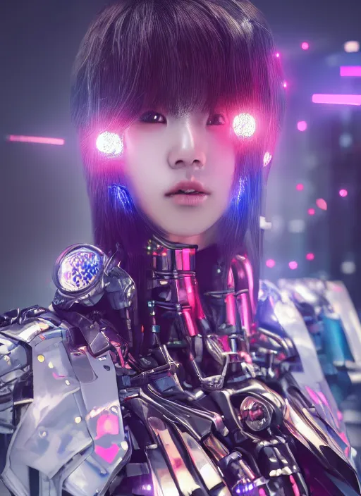 Image similar to a highly detailed portrait of a kpop idol mecha girls in spiked cyberpunk bioarmor trending on artstation by yoshitake amano, cyberpunk light, holographic undertones, 3 d cg, octane rendered, futuristic, 2 k aesthetic, dramatic lighting, 4 k, highly saturated colors