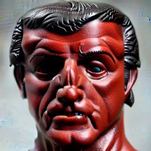 Image similar to museum stallone rambo portrait statue monument made from porcelain brush face hand painted with iron red dragons full - length very very detailed intricate symmetrical well proportioned balanced