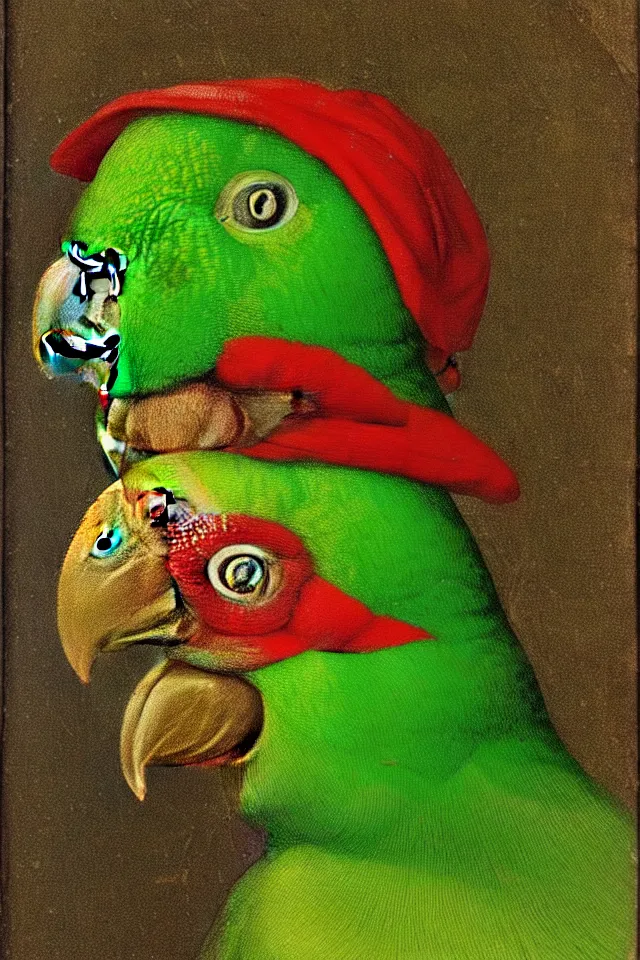 Image similar to a renaissance close up portrait of a green duck parrot as a ninja turtle, centered, triumphant, beautiful intricate painting