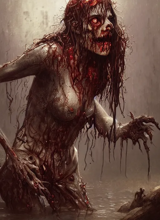 Image similar to digital painting of a wet zombie in the rain by filipe pagliuso and justin gerard, fantasy, highly detailed, realistic, intricate, glowing eyes