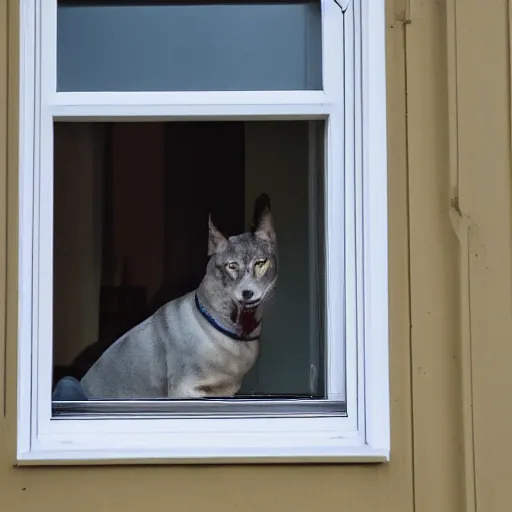 Prompt: A jack rustle sitting on the window seal looking out the window