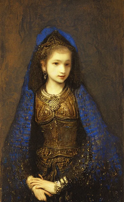 Prompt: Gothic princess in dark and blue dragon armor. By Rembrandt painting (1667), fractal flame!!!!!!!!!!!!!!!!!, highly detailded