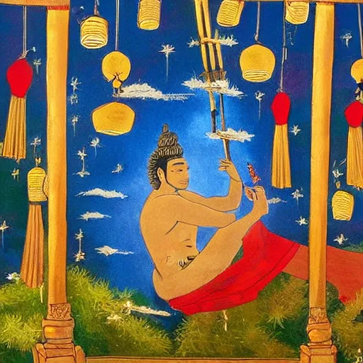 Image similar to painting of a god of wind enjoying his heavenly palace, decorated with windchimes and paper lanterns, stunning nature in background