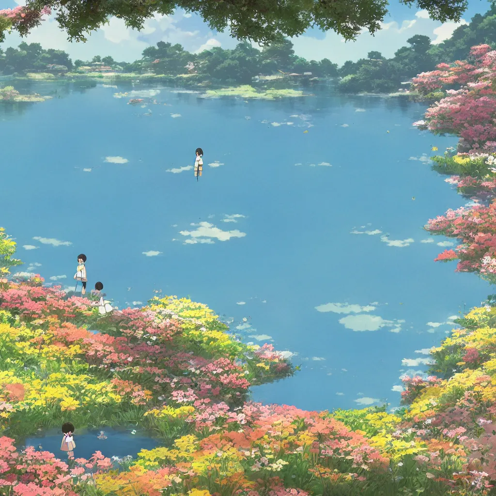 Image similar to a beautiful lake with blooming flowers, sunshine, warm colors, relaxing, calm, cozy, peaceful, by mamoru hosoda, hayao miyazaki, makoto shinkai