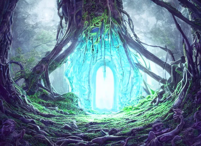 Image similar to portal inside of a humongous tree on a luminescent crystalline alien biome, spooky, intricate details, fantasy, hyper realism, art, smooth, beautiful art, masterpiece, landscape, cinematic, wet reflections, ray tracing x, rtx, smooth