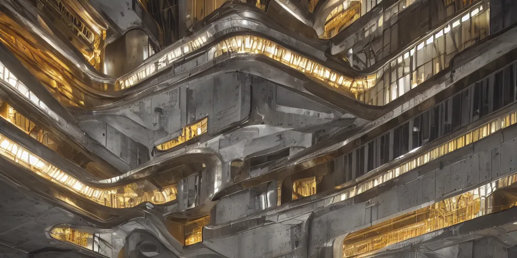 Prompt: wide angle photo of futurist building made from concrete relief with nickel chrome copper and gold trim inlay. inspired by a fast 1 9 2 0 locomotive. industrial revolution. late evening with reflective pool and glowing lights. bella hadid. highly reflective and shiny. frank loyde wright