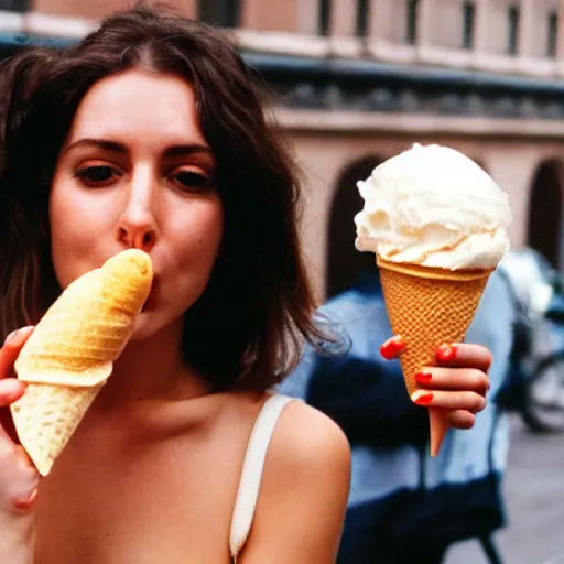 Prompt: a film photo of a young brunette woman, 26, eating ice cream cone on a hot summer's day in New York City