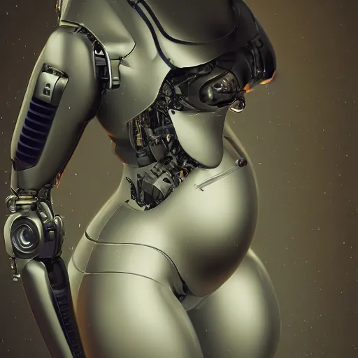 Image similar to pregnant female cyborg, robot anatomy elements, female body elements, cozy atmospheric and cinematic lighting, ultra rendered extreme realism and detail, 8 k, linear gamma, dynamic pose, dissolution filter, turbulence filter, sophisticated composition, old masters light composition, procedurally generated, pbr, in style of old masters, photorealistic, full length, sharp focus,