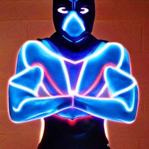 Image similar to a male superhero with blue glowing eyes, frontal view, cool looking