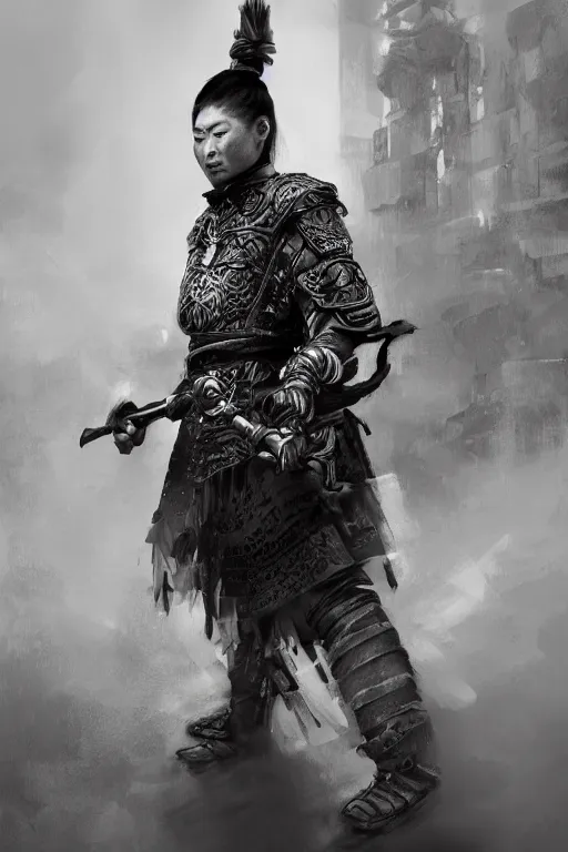 Image similar to chinese warrior, portrait, fierce, intricate, elegant, black and white volumetric lighting, scenery, digital painting, highly detailed, artstation, sharp focus, illustration, concept art, ruan jia, steve mccurry