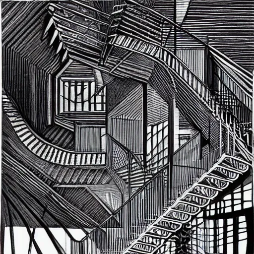 Image similar to optical illusion connected staircases, pen and ink, M.C.Escher, insanely detailed, 4K,